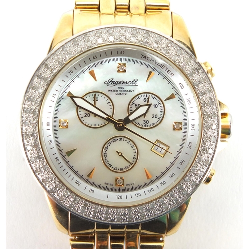 2823 - Gentleman's Ingersoll wristwatch with diamond bezel and Mother of Pearl dial, 4.5cm in diameter