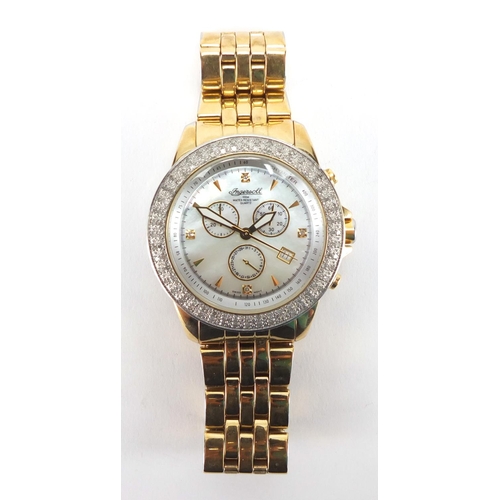 2823 - Gentleman's Ingersoll wristwatch with diamond bezel and Mother of Pearl dial, 4.5cm in diameter