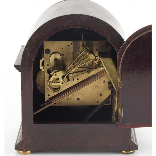 2179 - Mahogany cased Westminster chiming mantel clock, of small proportions with silvered dial and Arabic ... 