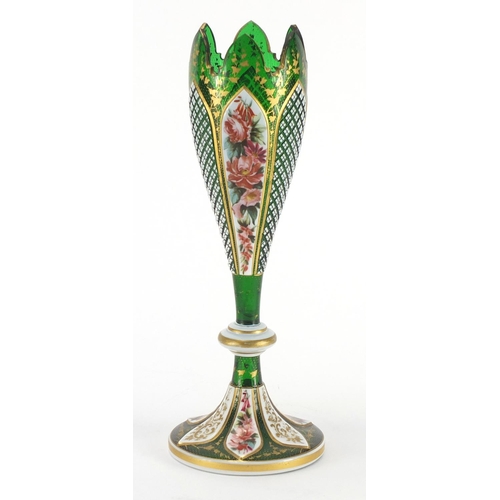 2173 - 19th century Bohemian green glass vase, hand painted and gilded with flowers and foliage, 29cm high