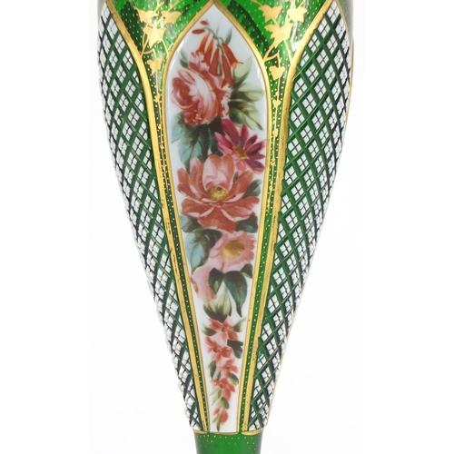 2173 - 19th century Bohemian green glass vase, hand painted and gilded with flowers and foliage, 29cm high