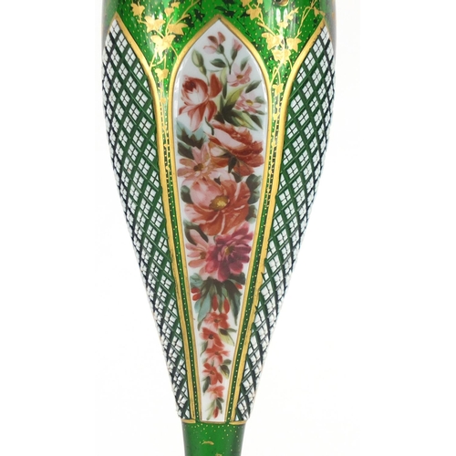 2173 - 19th century Bohemian green glass vase, hand painted and gilded with flowers and foliage, 29cm high