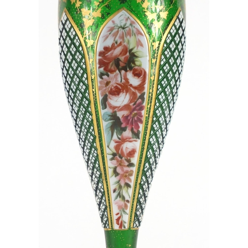 2173 - 19th century Bohemian green glass vase, hand painted and gilded with flowers and foliage, 29cm high