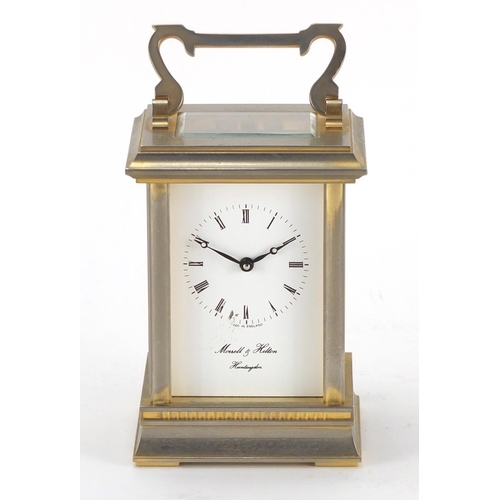 2357 - Morrell & Hilton brass cased carriage clock with enamelled dial and Roman numerals, 12cm high