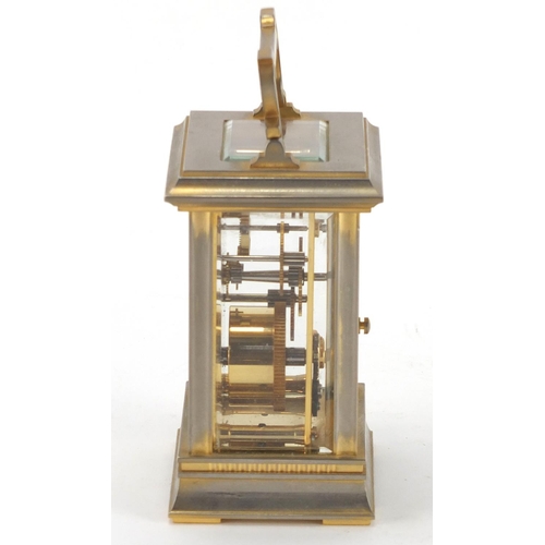 2357 - Morrell & Hilton brass cased carriage clock with enamelled dial and Roman numerals, 12cm high