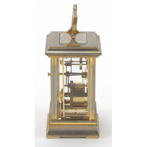 2357 - Morrell & Hilton brass cased carriage clock with enamelled dial and Roman numerals, 12cm high