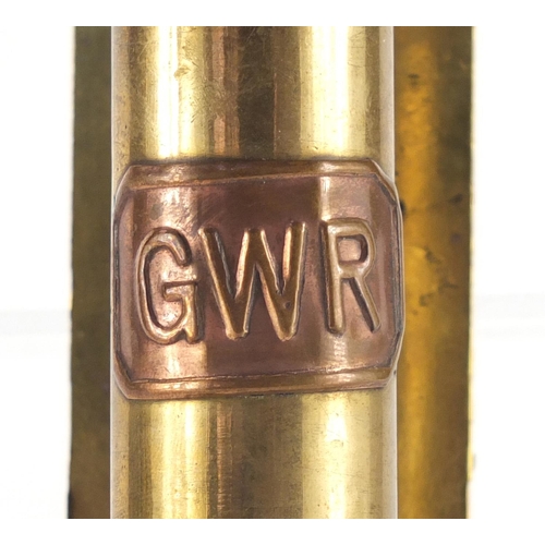 2287 - Pair of GWR brass candle holders with glass shades, each 35cm high