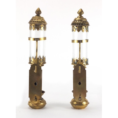 2287 - Pair of GWR brass candle holders with glass shades, each 35cm high