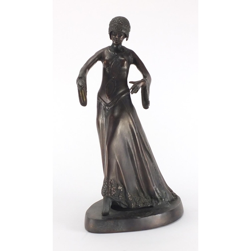 2300 - Patinated bronze figurine of an Art Deco female, 45cm high