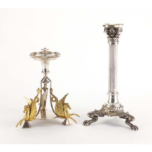 2185 - Silver plated Corinthian column candlestick with hairy paw feet and a silver plated centre piece, wi... 