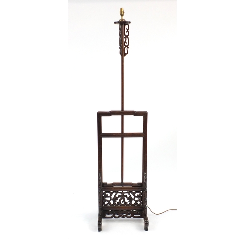 2094 - Chinese carved rosewood adjustable standard lamp, 156.5cm high (when down)