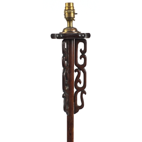 2094 - Chinese carved rosewood adjustable standard lamp, 156.5cm high (when down)