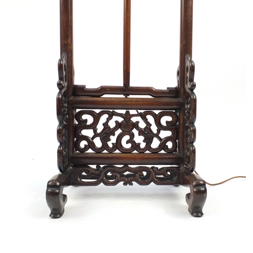 2094 - Chinese carved rosewood adjustable standard lamp, 156.5cm high (when down)