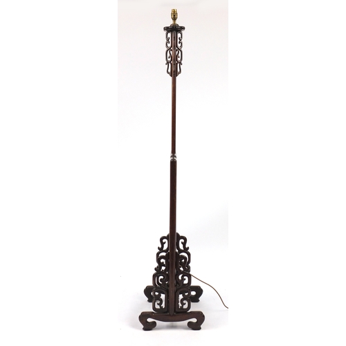 2094 - Chinese carved rosewood adjustable standard lamp, 156.5cm high (when down)