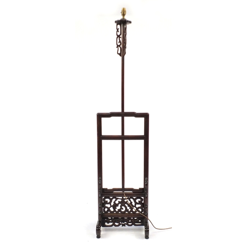 2094 - Chinese carved rosewood adjustable standard lamp, 156.5cm high (when down)