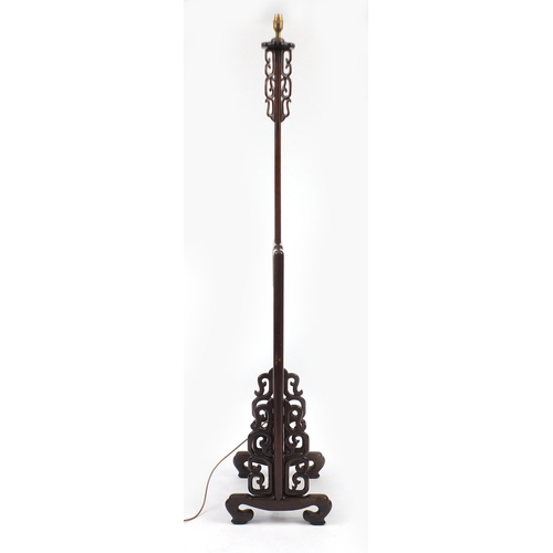 2094 - Chinese carved rosewood adjustable standard lamp, 156.5cm high (when down)