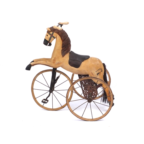 2121 - 19th century French carved wood and painted horse Velocipede, 103cm high