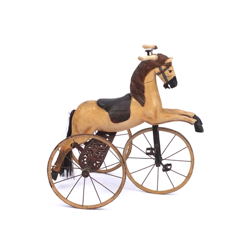 2121 - 19th century French carved wood and painted horse Velocipede, 103cm high