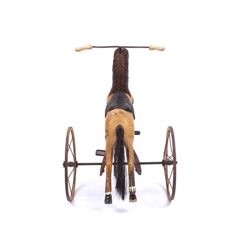 2121 - 19th century French carved wood and painted horse Velocipede, 103cm high