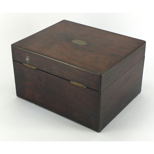 2354 - Victorian rosewood workbox with brass inlay, fitted interior and base drawer, 18.5cm H x 31cm W x 25... 