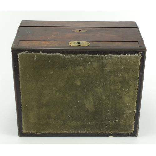 2354 - Victorian rosewood workbox with brass inlay, fitted interior and base drawer, 18.5cm H x 31cm W x 25... 