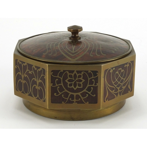 2194 - Octagonal rosewood pot and cover with brass foliate inlay, probably by Erhard & Söhne, 10cm high x 1... 