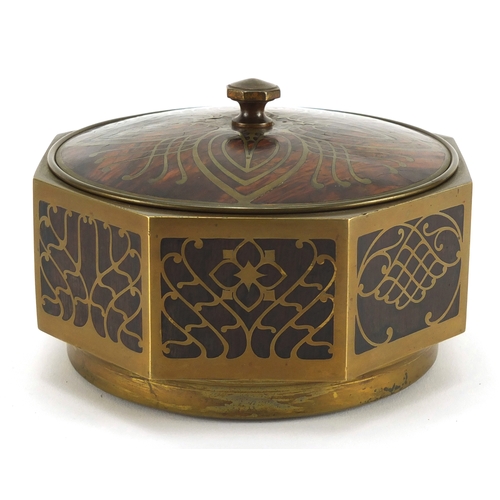 2194 - Octagonal rosewood pot and cover with brass foliate inlay, probably by Erhard & Söhne, 10cm high x 1... 