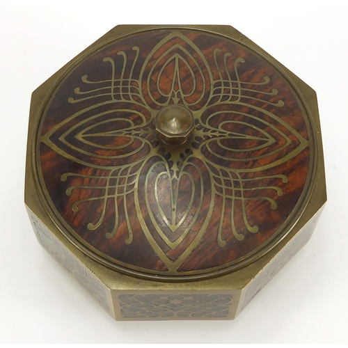 2194 - Octagonal rosewood pot and cover with brass foliate inlay, probably by Erhard & Söhne, 10cm high x 1... 