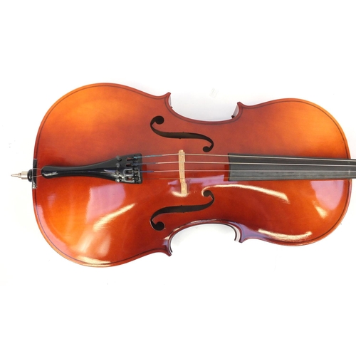 2235 - Czechoslovakian ¾ size cello with bow and protective case, the cello back 27.25 inches