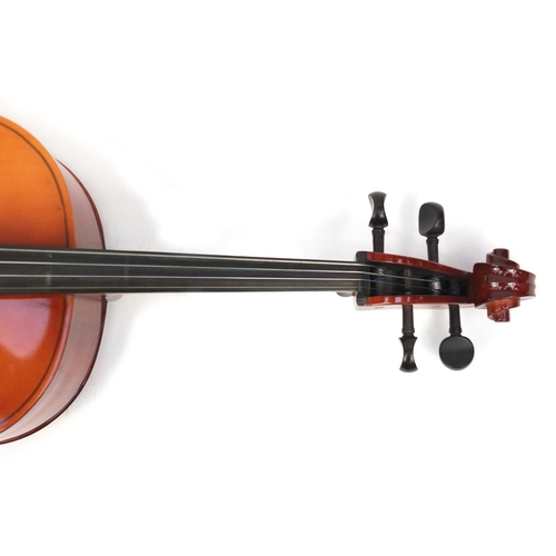 2235 - Czechoslovakian ¾ size cello with bow and protective case, the cello back 27.25 inches