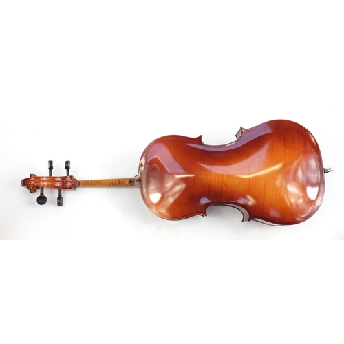 2235 - Czechoslovakian ¾ size cello with bow and protective case, the cello back 27.25 inches