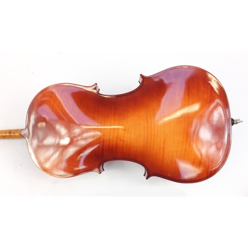 2235 - Czechoslovakian ¾ size cello with bow and protective case, the cello back 27.25 inches