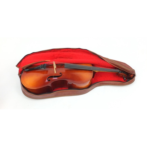 2235 - Czechoslovakian ¾ size cello with bow and protective case, the cello back 27.25 inches