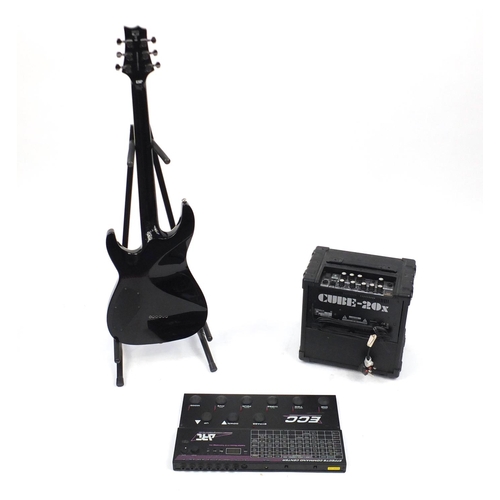 2231 - ESP six string electric guitar, with ECC Effects Command Center and a Roland amplifier, the guitar s... 