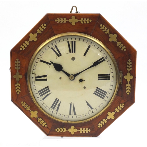 2030 - Victorian octagonal rosewood wall clock with brass inlay and painted dial having Roman numerals, 42c... 