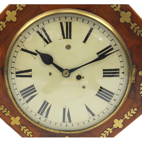 2030 - Victorian octagonal rosewood wall clock with brass inlay and painted dial having Roman numerals, 42c... 