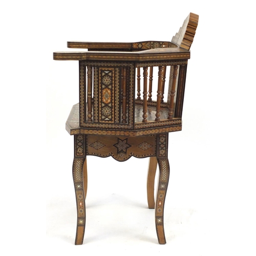 2038 - Good Moorish design elbow chair, with geometric parquetry inlay, probably Syrian, 88cm high