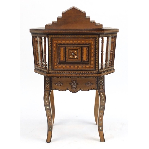 2038 - Good Moorish design elbow chair, with geometric parquetry inlay, probably Syrian, 88cm high