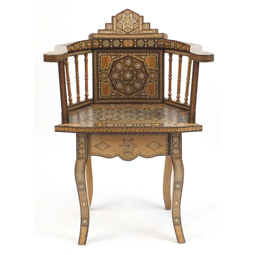 2039 - Good Moorish design elbow chair, with geometric parquetry inlay, probably Syrian, 88cm high