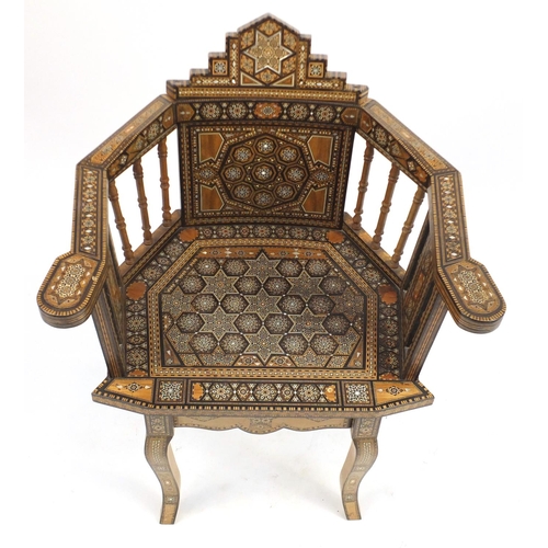 2039 - Good Moorish design elbow chair, with geometric parquetry inlay, probably Syrian, 88cm high