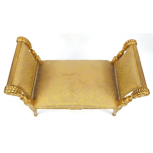 2041 - Ornate French gilt window seat, with gold stuff over upholstery, 70cm H x 97cm W x 46cm D