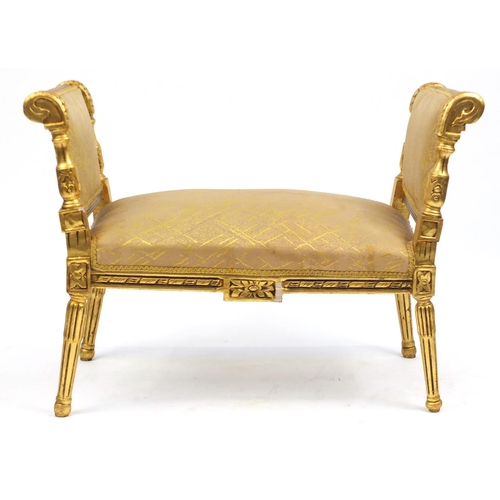 2041 - Ornate French gilt window seat, with gold stuff over upholstery, 70cm H x 97cm W x 46cm D