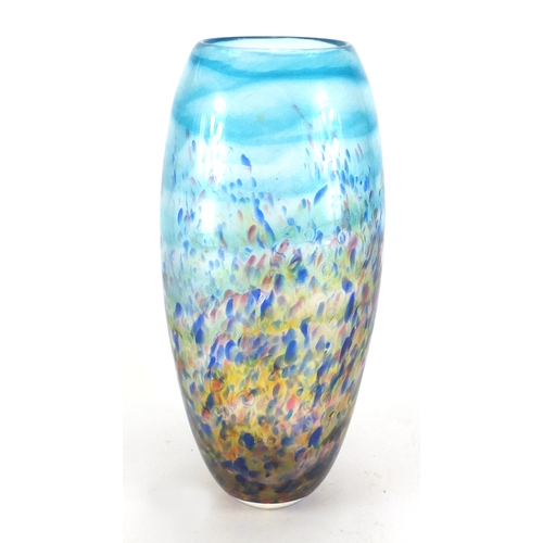 2307 - Blue splatted glass vase, signed to the base, 24cm high