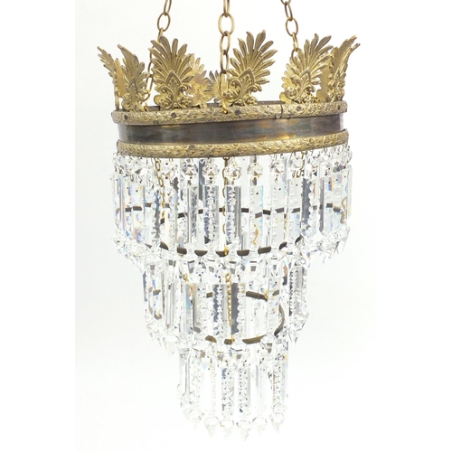 2172 - Pair of gilt brass three tier bag chandeliers, with cut glass drops, each 32cm in diameter