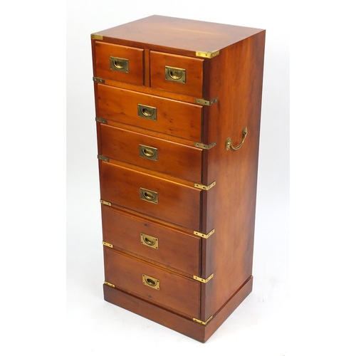 2017 - Yew campaign style seven drawer chest, with inset brass handles, 108cm H x 46cm W x 37cm D