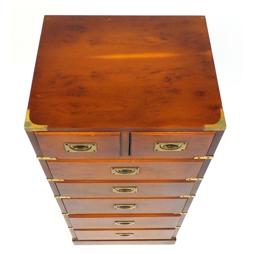 2017 - Yew campaign style seven drawer chest, with inset brass handles, 108cm H x 46cm W x 37cm D