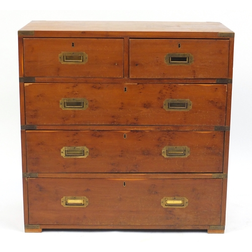 2023 - Yew campaign style five drawer chest with inset brass handles, in two sections with carrying handle,... 