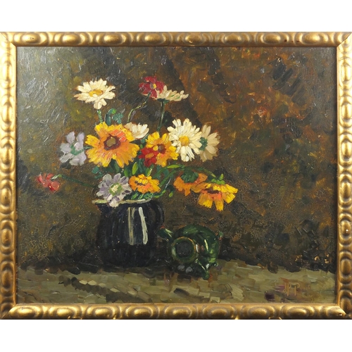 2241 - Still life flowers in a vase, oil on board, bearing a signature Purchase and label verso, framed, 61... 