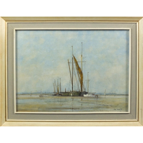 2289 - John Moss 1979 - Moored boats, oil on board, label verso, mounted and framed, 32cm x 23.5cm