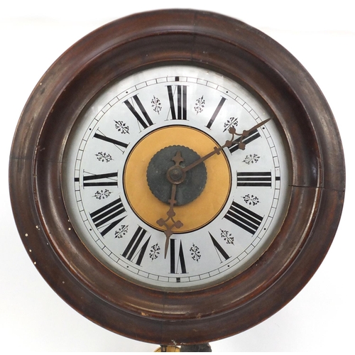 2066 - Victorian mahogany postman's clock, with Arabic numerals, weights and pendulum, 27cm in diameter